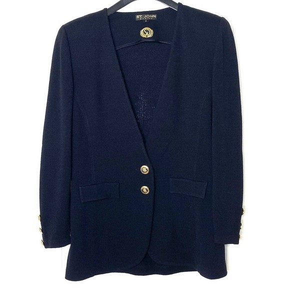 🖤 ST. JOHN BASICS Black Gold Enamel Logo Buttons Knit Blazer Jacket Cardigan 14
